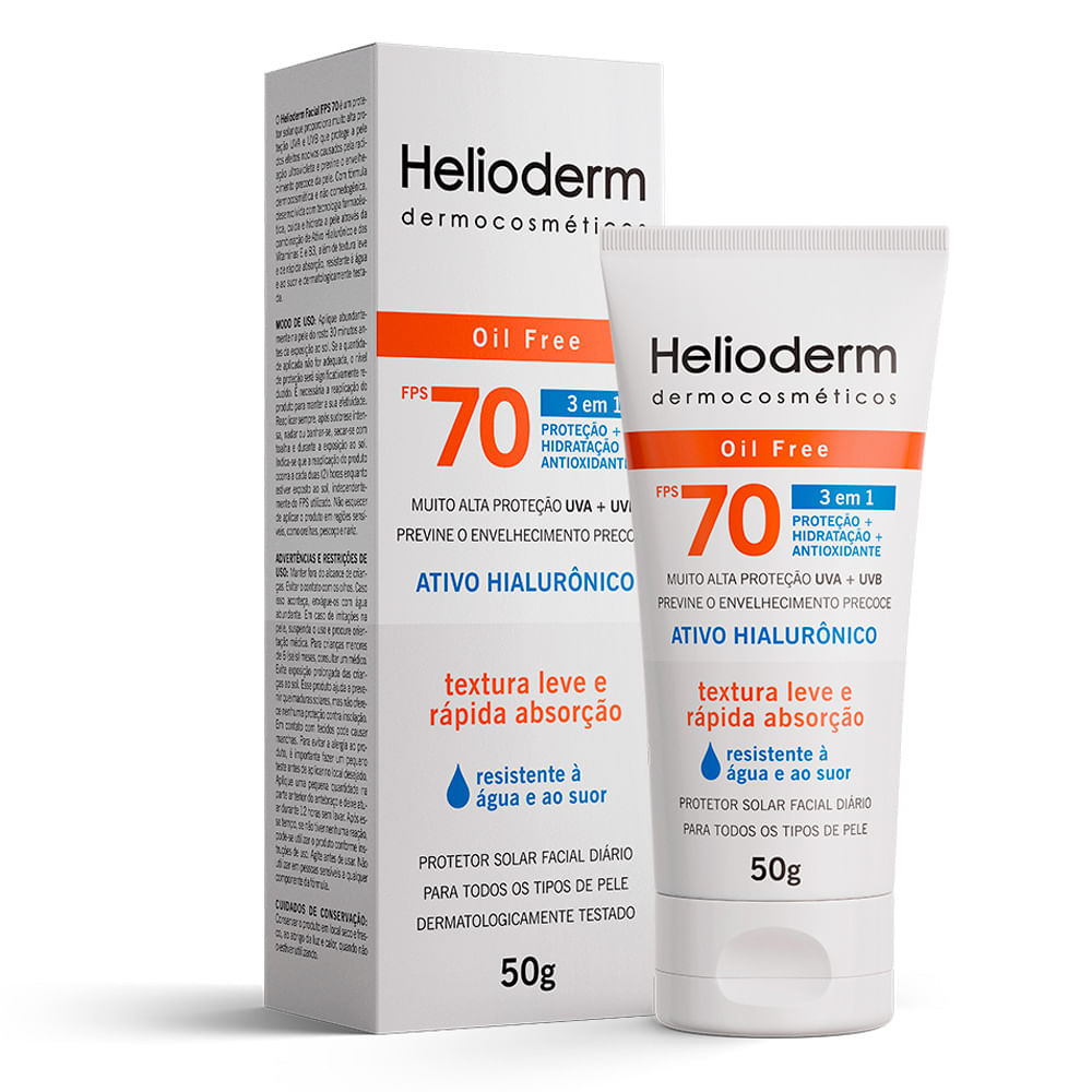 Protetor Solar Facial Helioderm Oil Free 3 em 1 FPS 70 Sem Cor 50g - Beauty