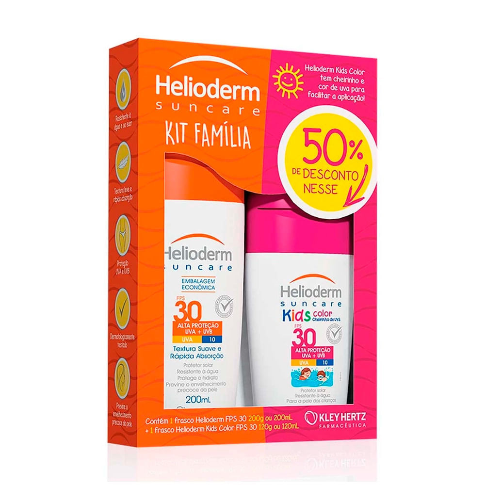 Kit Protetor Solar Família Helioderm Suncare Corporal Adulto FPS 30 200ml + Kids Color FPS 30 120ml - Beauty