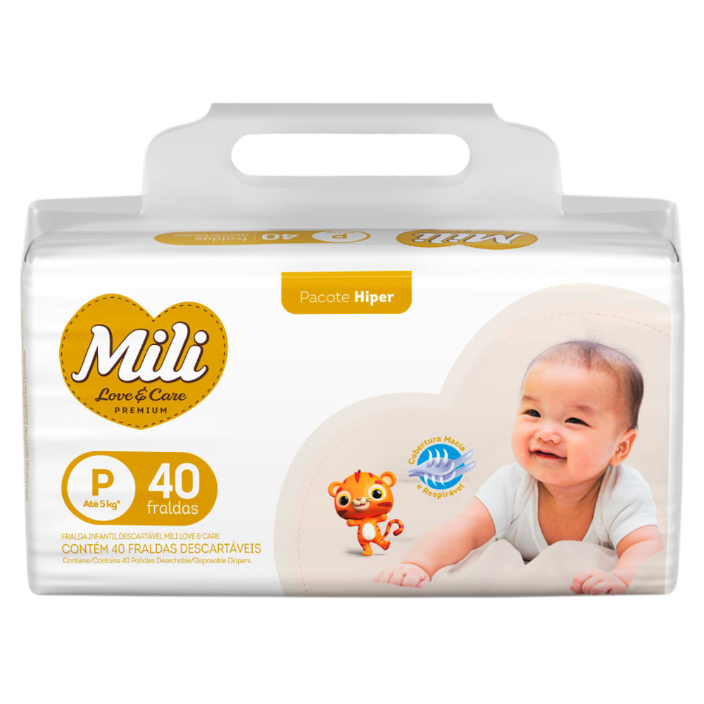 Fralda Infantil Mili Love e Care Premium Hiper Tamanho P com 40 Unidades Descartáveis - Mom & Baby