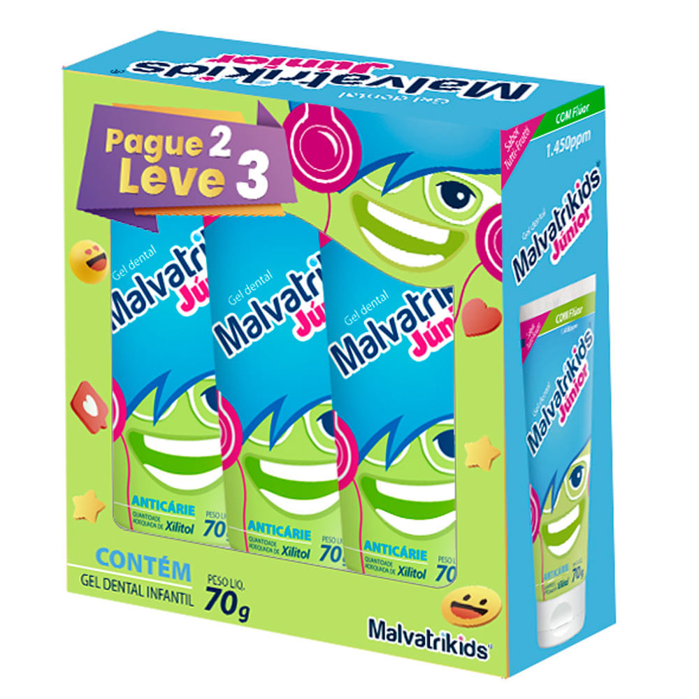 Kit Gel Dental Malvatrikids Júnior com Flúor + Xilitol 3 Unidades de 70g cada - Health