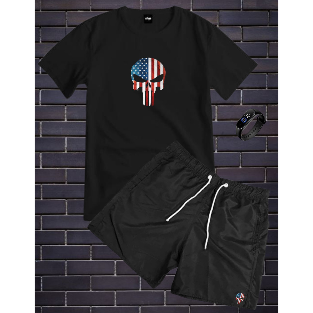 Conjunto Kit Masculino JUSTICEIRO Camisa 100% Algodão + Bermuda Tactel Estampada + Relogio