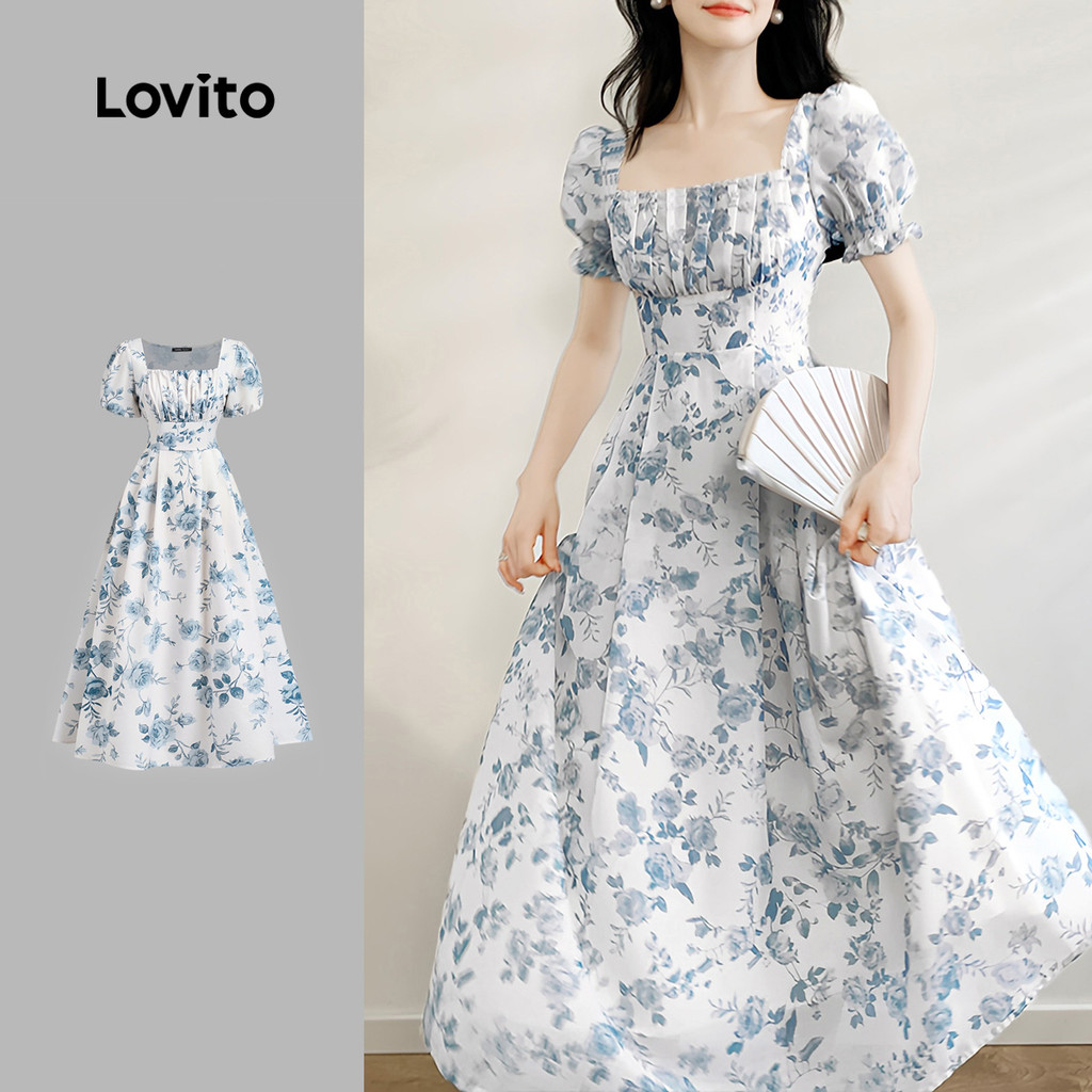 (New) Lovito Vestido Elegante de Flores com Pregas Festa de Primavera/verão para Mulheres L143ED198