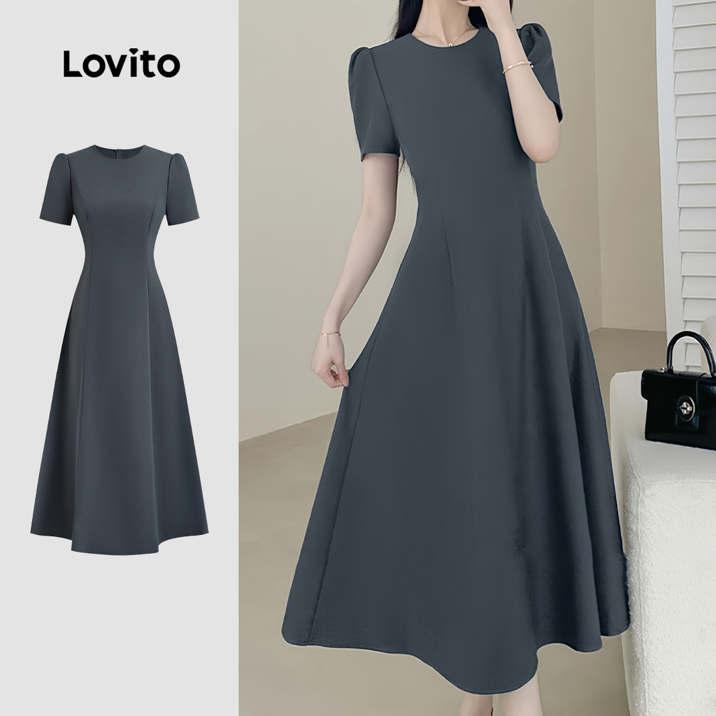 (New) Lovito Vestido Elegante Drapeado de Textura para Transporte Vestido Cinza Primavera/verão para mulheres L144AD090 em Oferta na Shopee