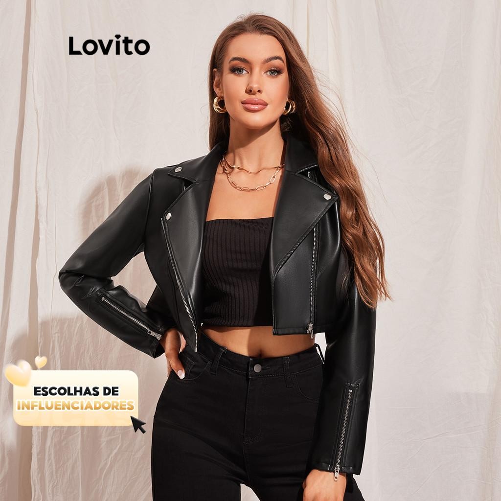 Lovito Casual Jaqueta Feminina Moto Lisa De Couro PU Com Zíper Gola De Lapela L45LD008 (Preta) em Oferta na Shopee