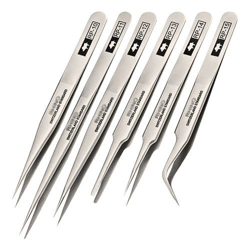 Kit 6 Pinça Ferramenta Relojoeiro Joalheiro Aço Inox Ourives Fórceps Bateria Relógio Ajuste Alicate