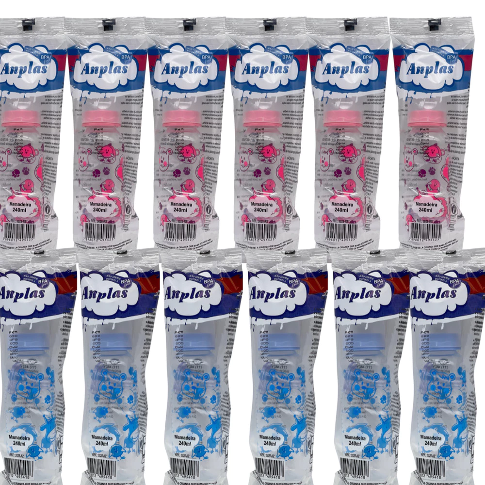 Kit 12 Mamadeiras Atacado Anplas 240ml Bico Redondo Azul e Rosa