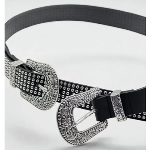 Cinto Feminino De Couro Sintético Duas Fivelas Ponteira Com Strass Moda Elegância