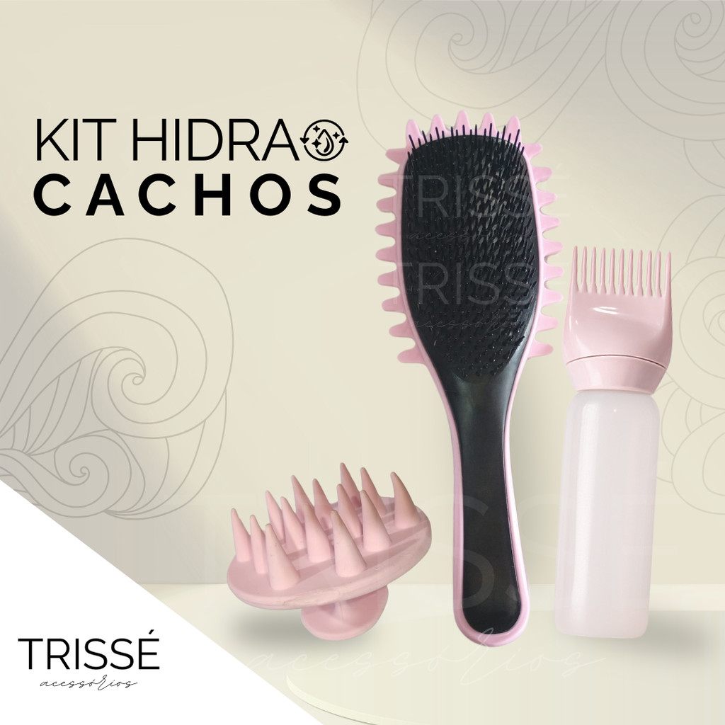 Kit Hidrata Cachos com Escova Desembaraçam-te Massageador Capilar e Frasco Aplicador de Tintura em Oferta na Shopee