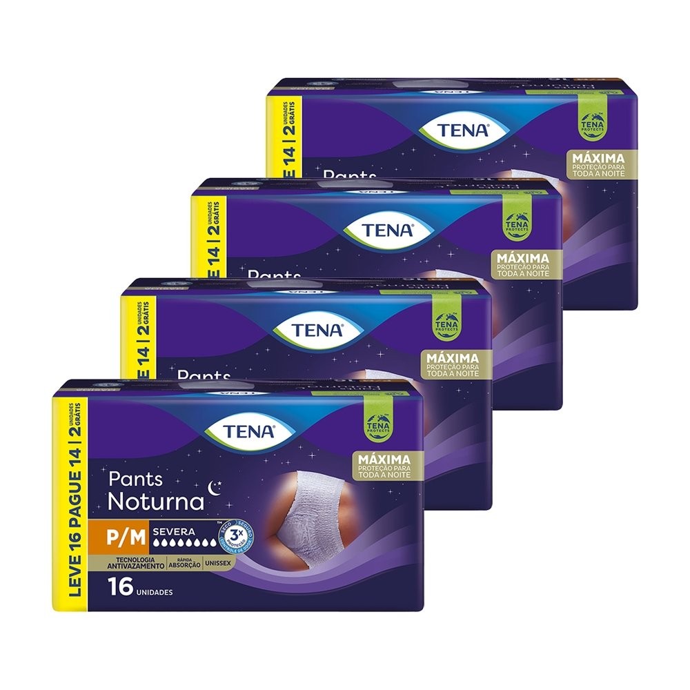 Fralda Descartável Adulto Tena Pants Noturna P/M Leve 16 Pague 14-4 Pacotes de 16 Fraldas-Total 64 Tiras