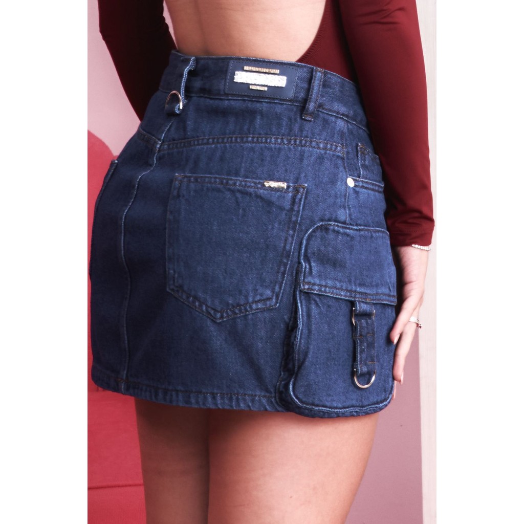 Detalhes do Saia Curta Jeans Cargo Fivelas Planet Girls Jeans Escuro