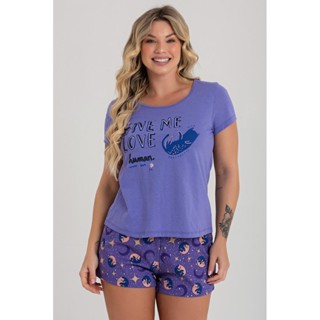 Pijama Curto Loja Zus Roxo Give Me Love Manga Curta em Oferta na Shopee
