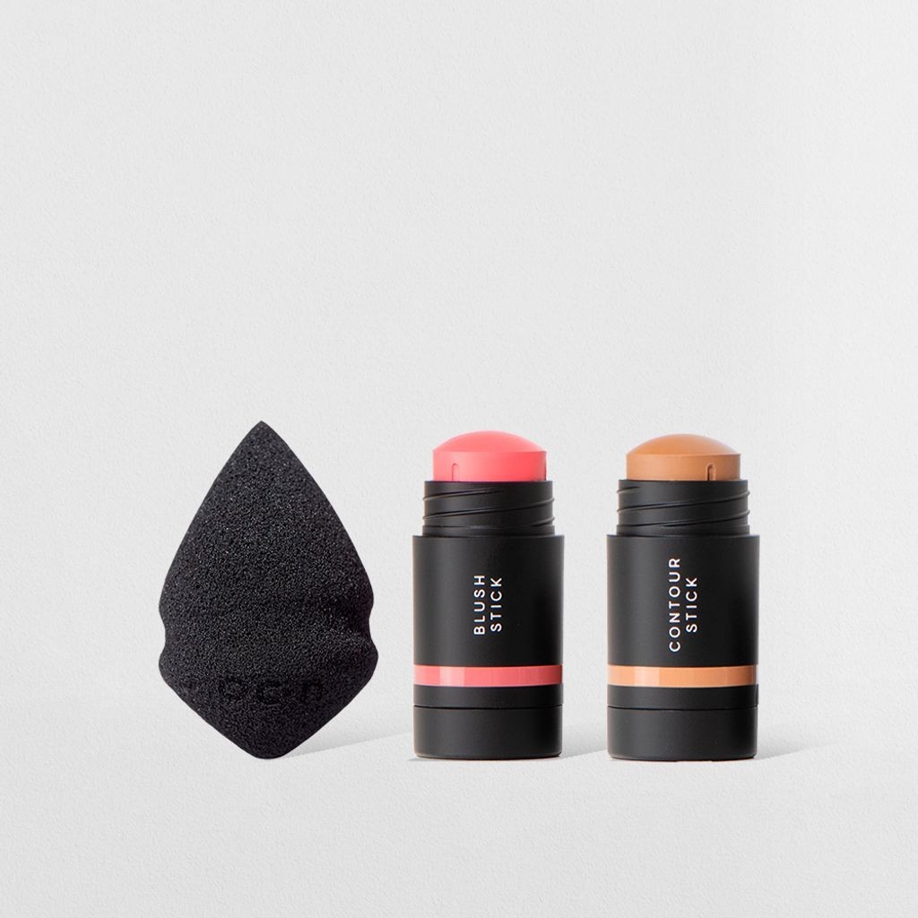 Kit Mini Blush em Bastão Rosa Claro + Mini Contorno em Bastão Marrom Claro + Mini Esponja de Maquiagem Océane Edition (3 Produtos) - Beauty