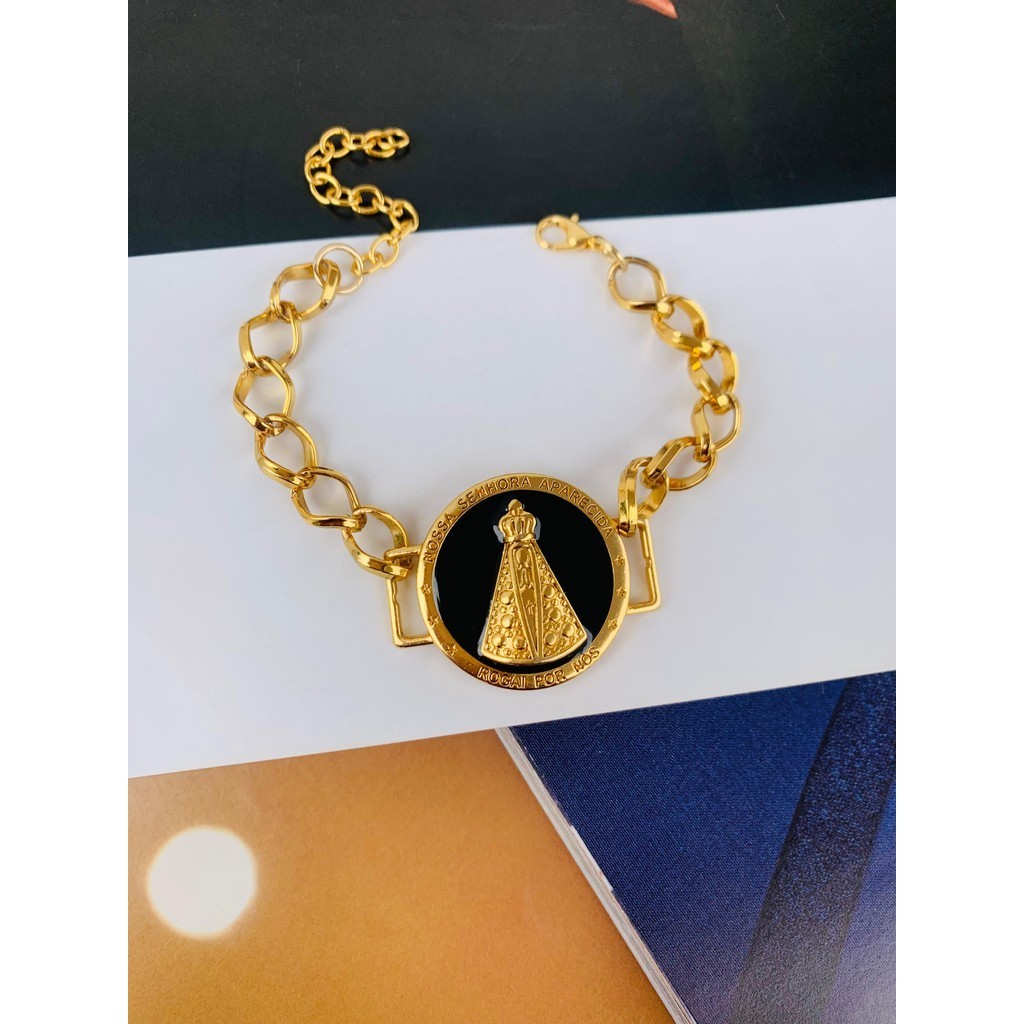 Pulseiras Religiosas Semi Joia bridão Nossa Senhora esmaltado preto