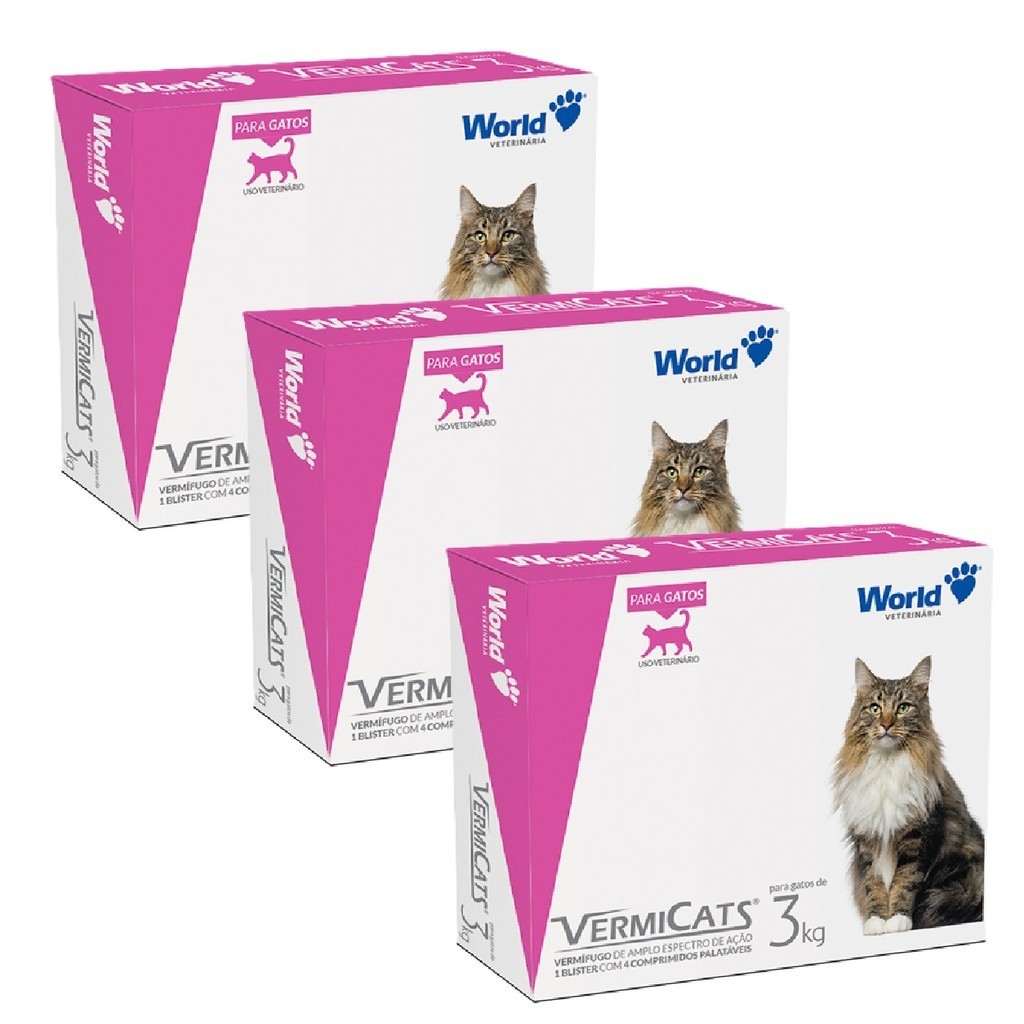 Kit 3 VermiCats Vermífugo World para Gatos de 3Kg - 4 Comprimidos em Oferta na Shopee