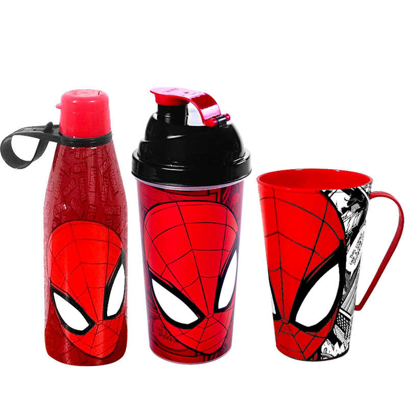Kit Homem Aranha Infantil Caneca 500ml Garrafa Abre Fácil e Shakeira Plasútil Original