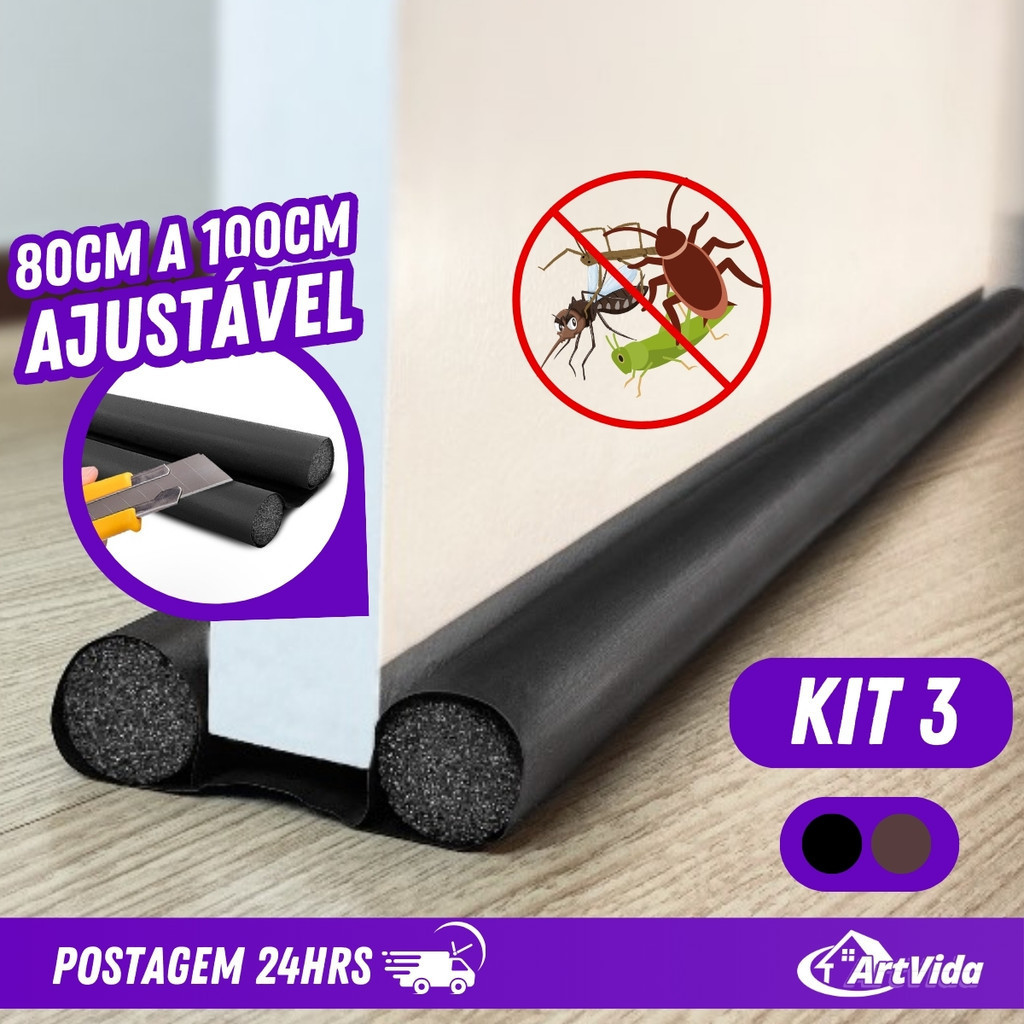 KIT 3 Veda Portas Ajustável 80cm 90cm 100cm Impermeável Térmico e Sonoro Insetos e Poeira ...