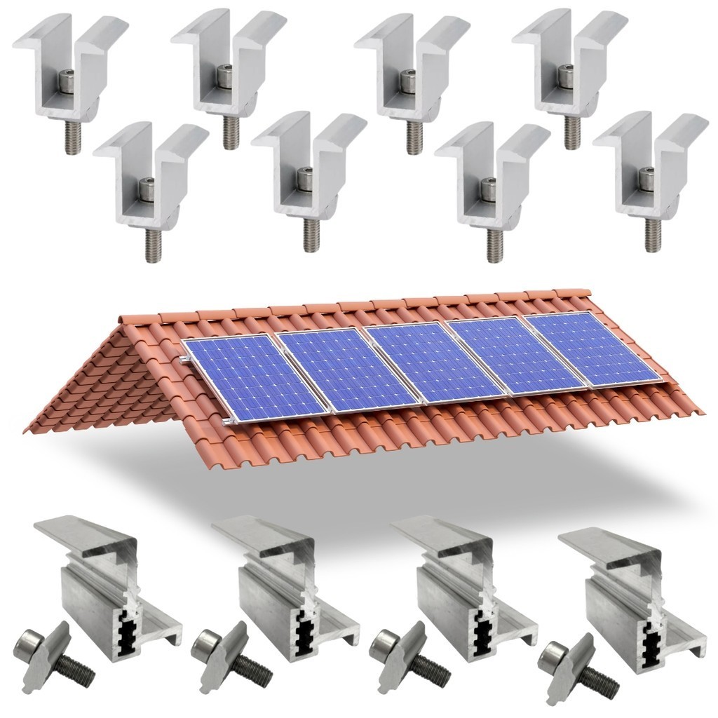 Kit Fixador Grampo Final e Intermediário Linha C Para 05 Placas Painel Solar Alumínio e Inox Perfil Master Central