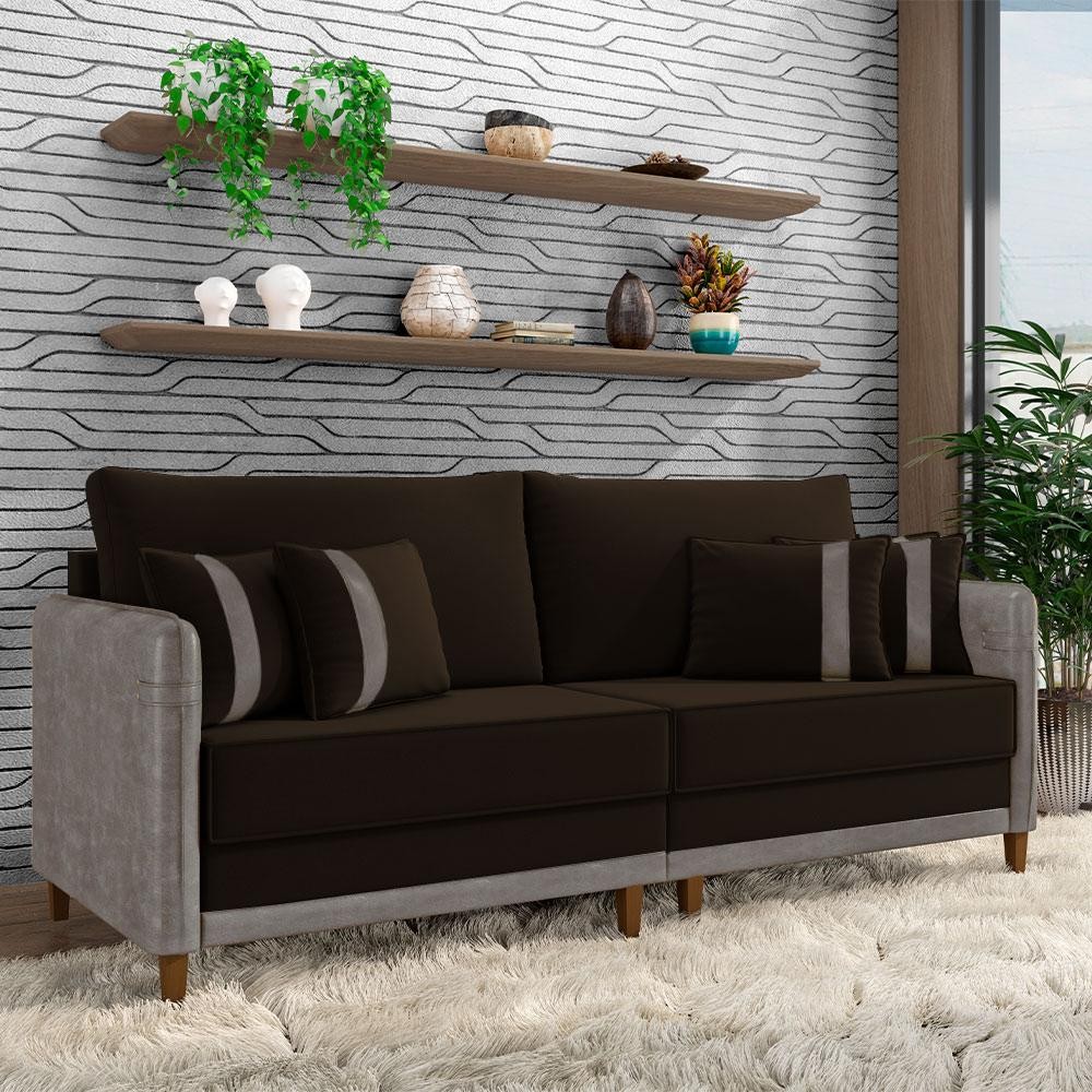 Imagem Sofá Living Montecarlo 2 Lugares Bipartido 172cm Pés em Madeira Veludo/PU Marrom/Cinza G33 - Gran Belo