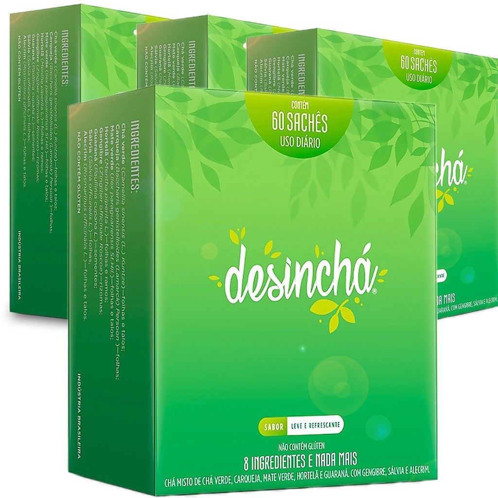 Kit 4x Caixas Desinchá Dia 60 sachês - Suplemento Alimentar Natural em Chá Uso Diário 100% Original
