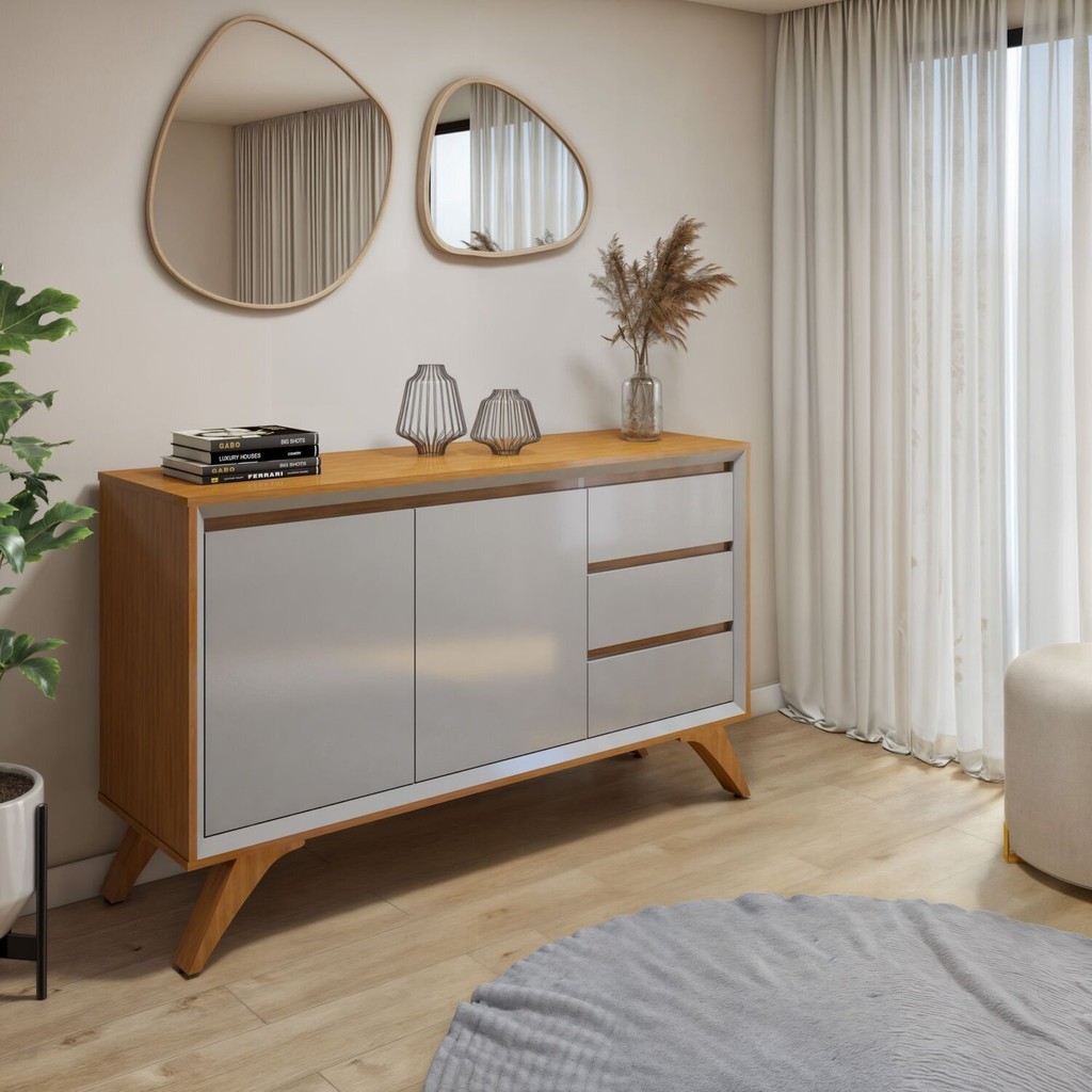 Buffet para Sala de Jantar Laqueado 100% MDF 2 Portas Pés Madeira Maciça Málaga Off White/Naturalle - Home & Living