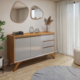 Buffet para Sala de Jantar 100% MDF 2 Portas Pés Madeira Maciça Málaga Off White/Naturalle em Oferta na Shopee