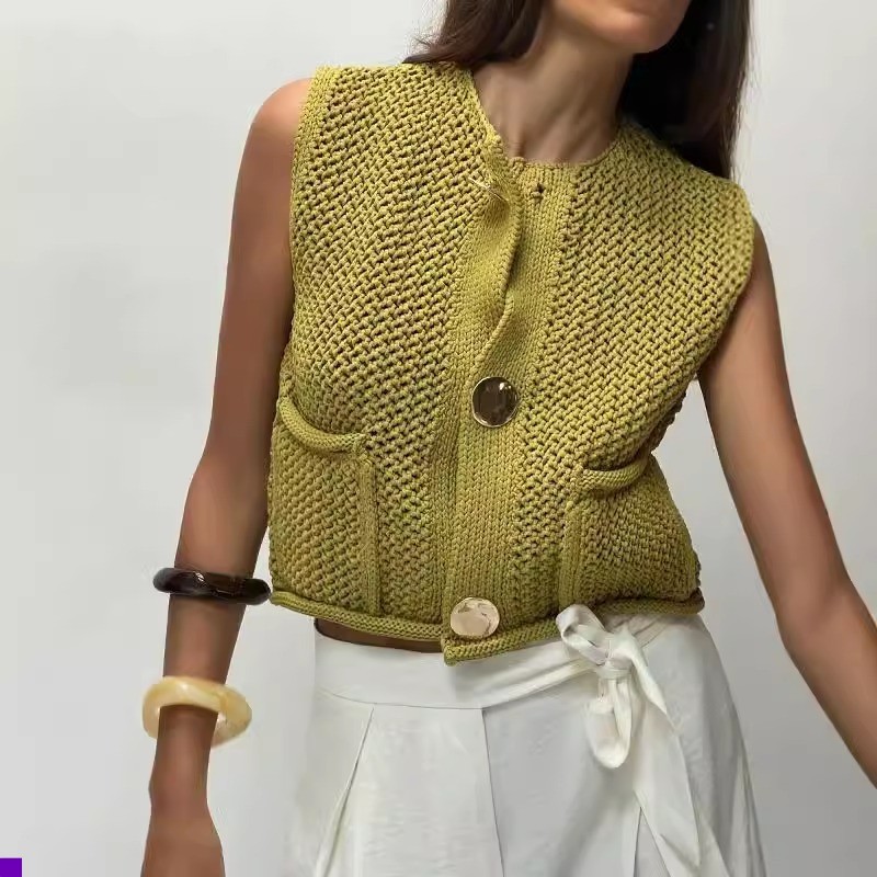 2024 Outono Novo Produto Feminino Sem Mangas Com Decote Em v Curto Cardigan De Malha Top 5...