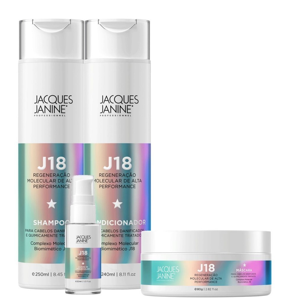 Kit Jacques Janine J18 Shampoo Condicionador 240ml Máscara Hidratação 80g Leave-In Termoativo 30ml