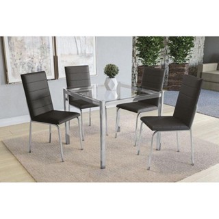 Sala de Jantar Completa Reno c/ Tampo de Vidro 90x90cm e 4 Cadeiras Amsterdã Cromada/Preto 110 - Kappesberg em Oferta na Shopee