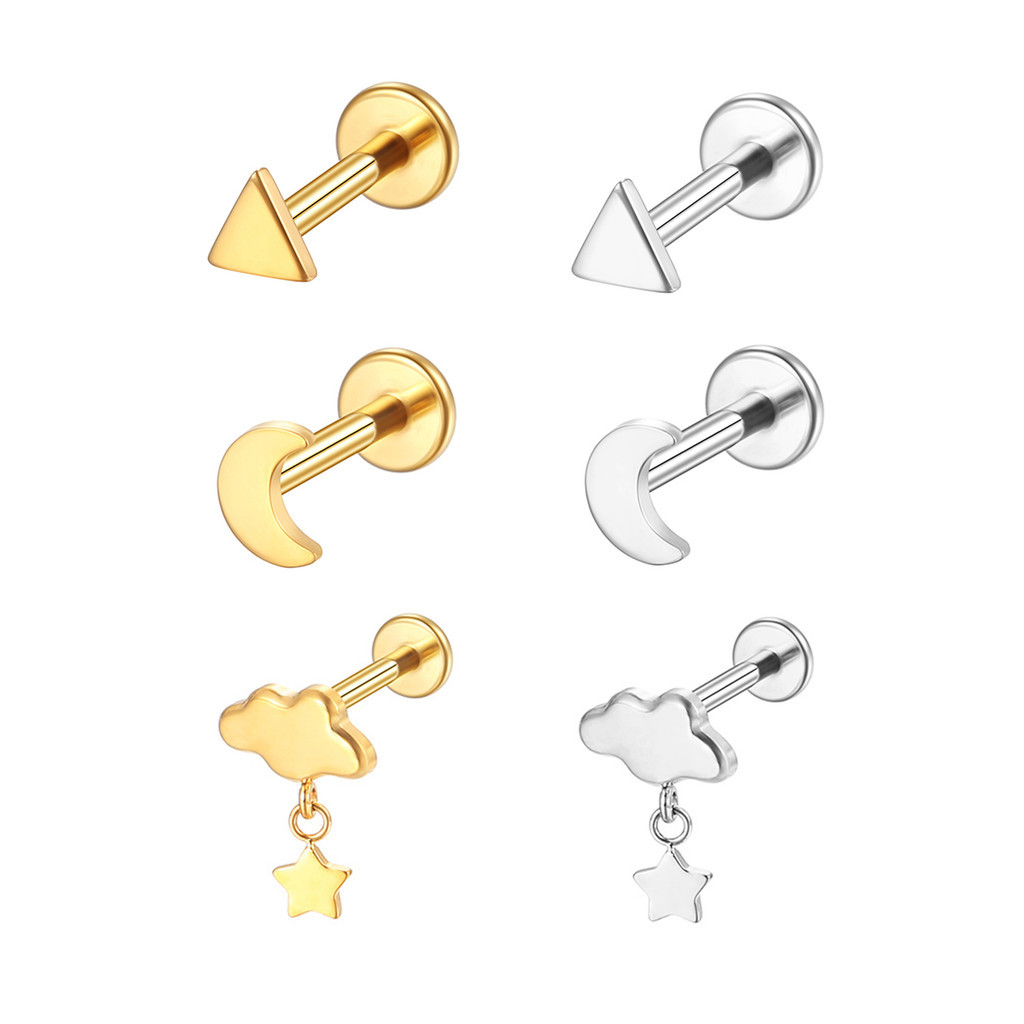 3PCS Kit Piercing Helix Conch Tragus Labret Titânio Pvd Nuvem Com Pingente Estrela