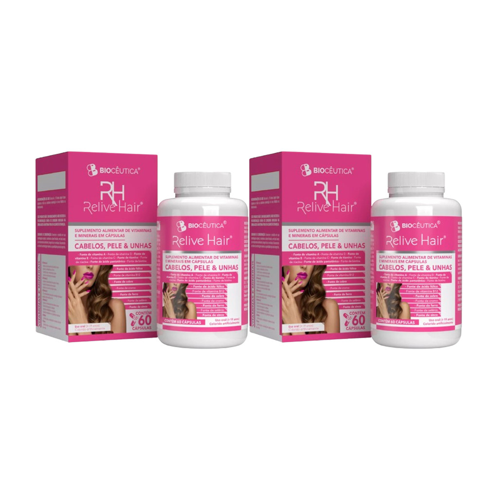 2x Relive Hair Vitamina A D E C Ácido Fólico Biotina Cobre Cromo Ferro Selênio Zinco 60 Caps