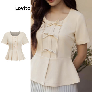 Lovito Blusa casual lisa com laço para mulheres L104ED743 em Oferta na Shopee