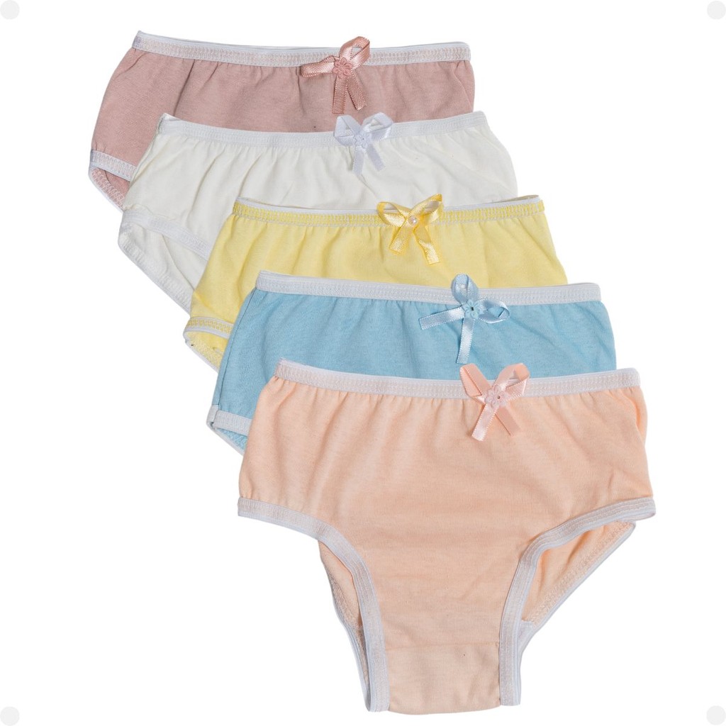 Kit 5 Calcinhas Lisas Algodão Infantil Com Lacinho Confortável