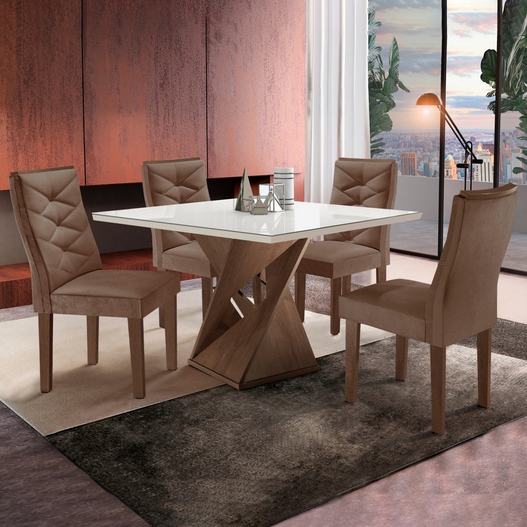 Conjunto Mesa Quadrada com Vidro e 4 Cadeiras 100cmx100cm Barcelona Yescasa Chocolate/Off White/Suede Animale em Oferta na Shopee