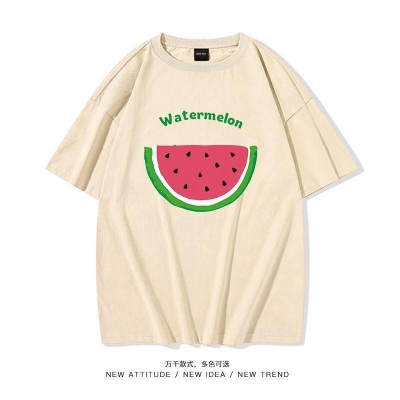 [Estoque Pronto] Casal Japonês de Frutas Frescas Camiseta de Manga Curta Homens Mulheres Estudantes de Esportes Campus de Verão de Melancia Vermelha Loose Top