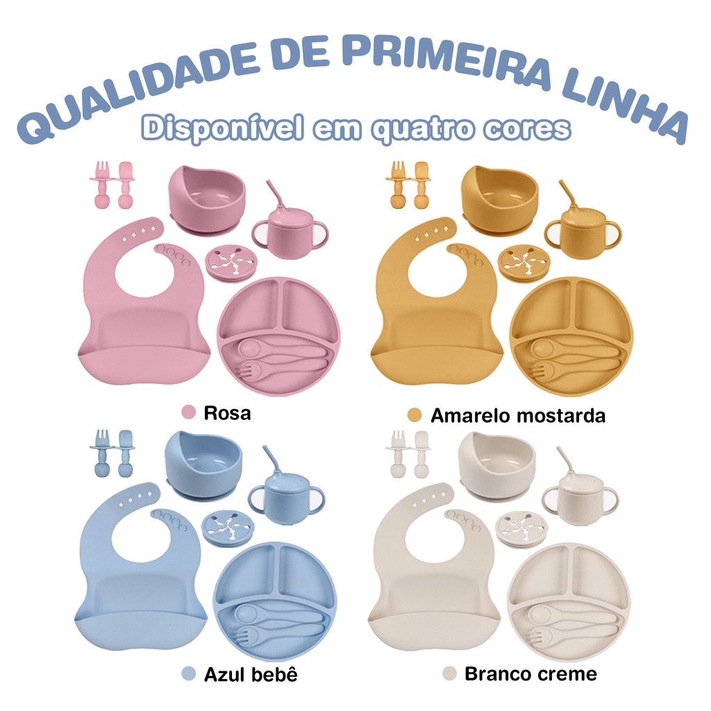 Kit de Alimentação Infantil 9 Peças em Silicone alimentício com Prato Babador Copinho e Talheres