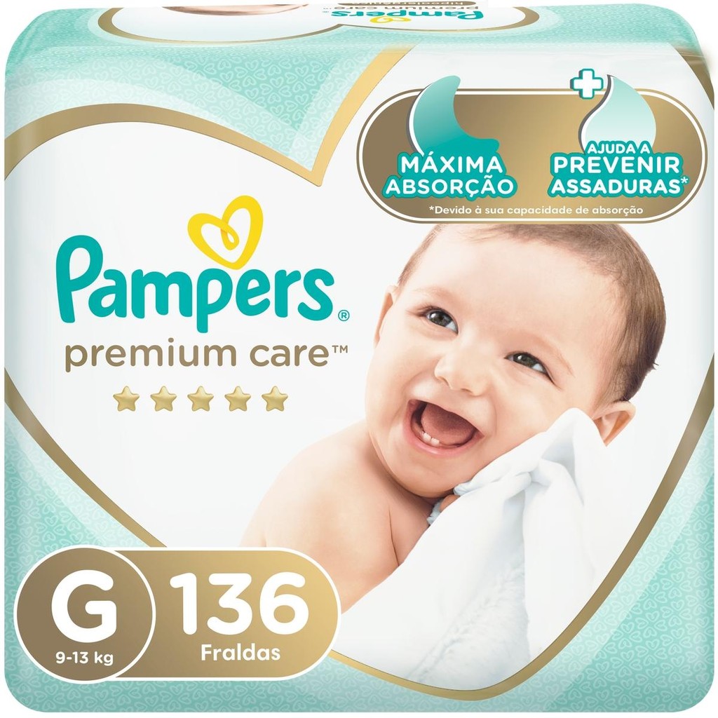 Fralda Pampers Premium Care Topíssima G com 136un em Oferta na Shopee