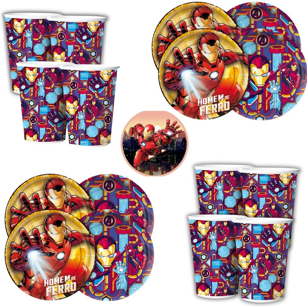 Kit Festa HOMEM DE FERRO 16 Pratos + 16 Copos Descartável 180 Ml Papel - REGINA(CHOCO)