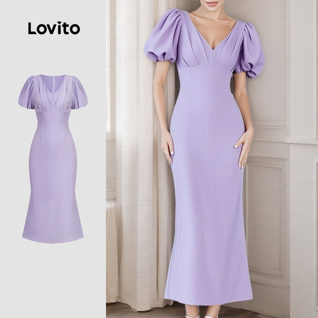 Lovito Vestido Elegante com Zíper Plissado Sorriso Nas Costas Primavera/verão Vestido roxo LBL26300 - Women Clothes