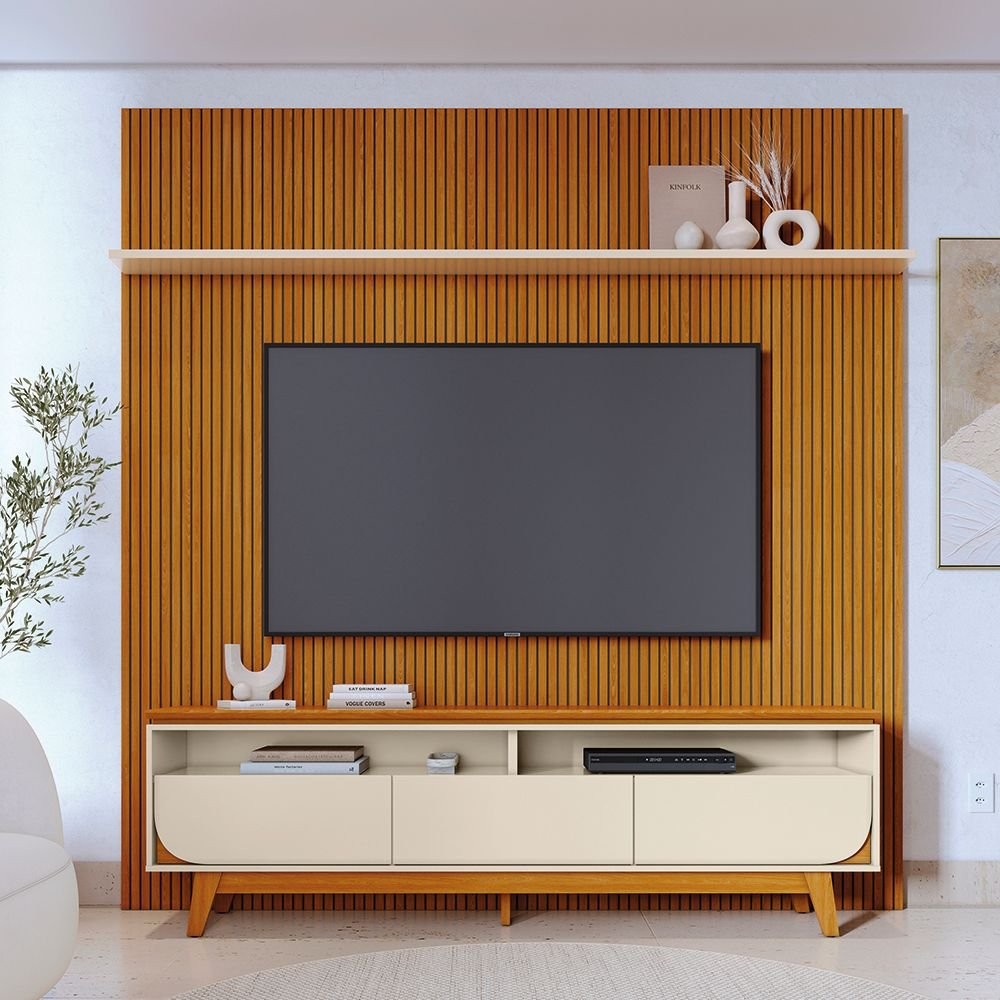 Rack com Painel MDF Frisado para Tv até 75 Polegadas Frisado Luna Cinamomo/Off White em Oferta na Shopee
