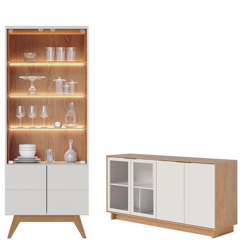 Cristaleira Noronha Off White Matte Freijó com Aparador para Sala Buffet Vitória Freijó Off White – Colibri