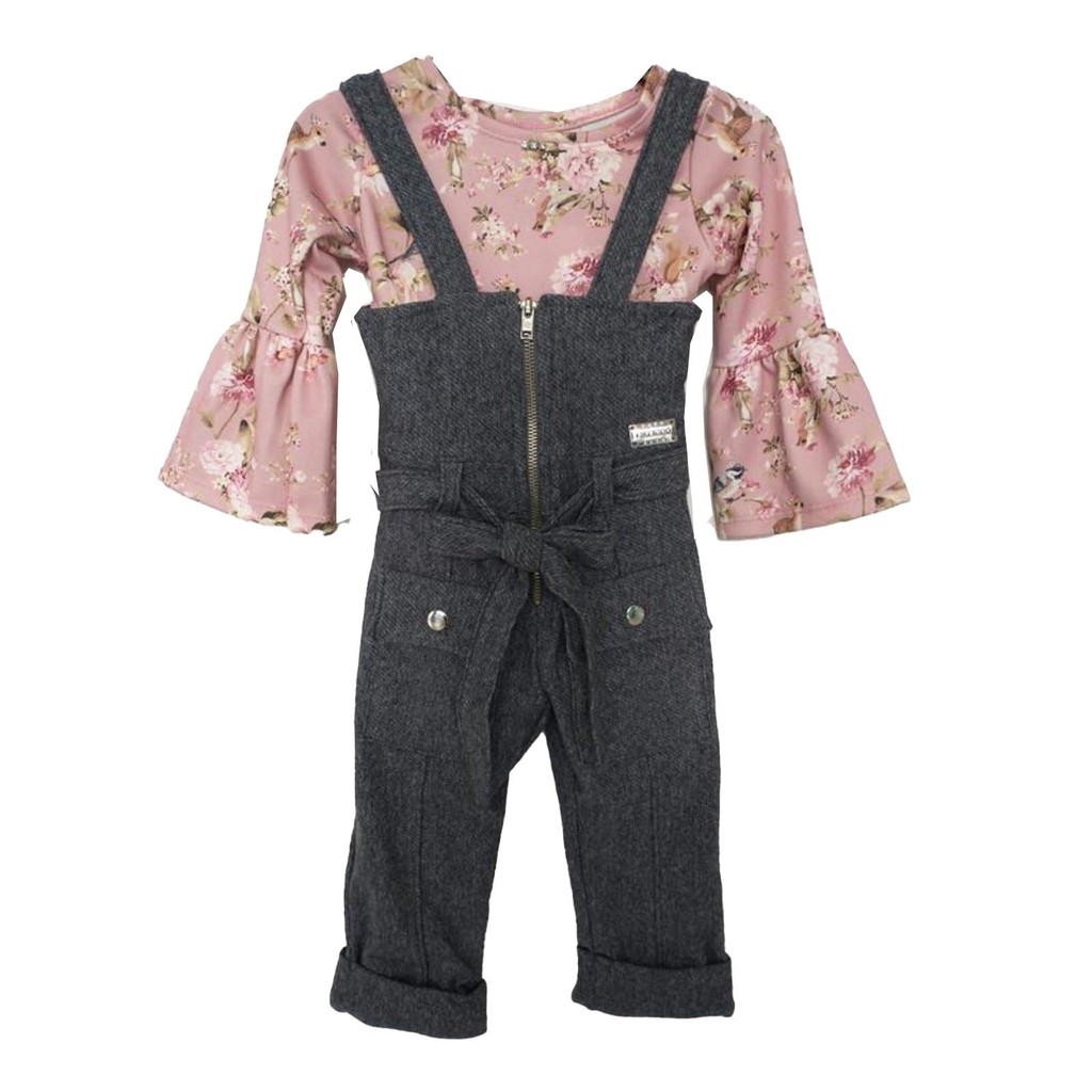 Conjunto Infantil Menina Jardineira em Malha Linho e Blusa em Jacquard Estampado - Kiki Xodó