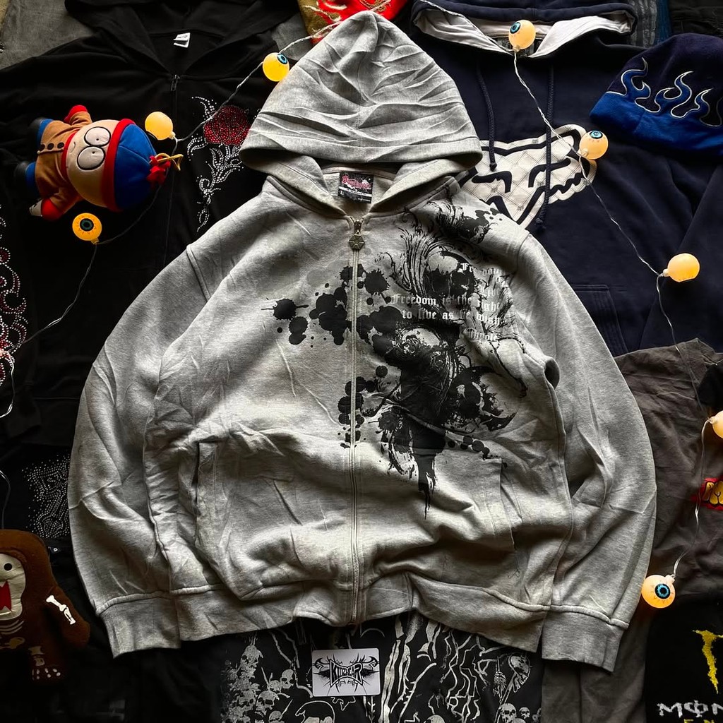 Y2K Marca Crânio Carta Padrão Impresso Zíper Moletom Retro Rua Hip Hop Moda Sportswear em Oferta na Shopee