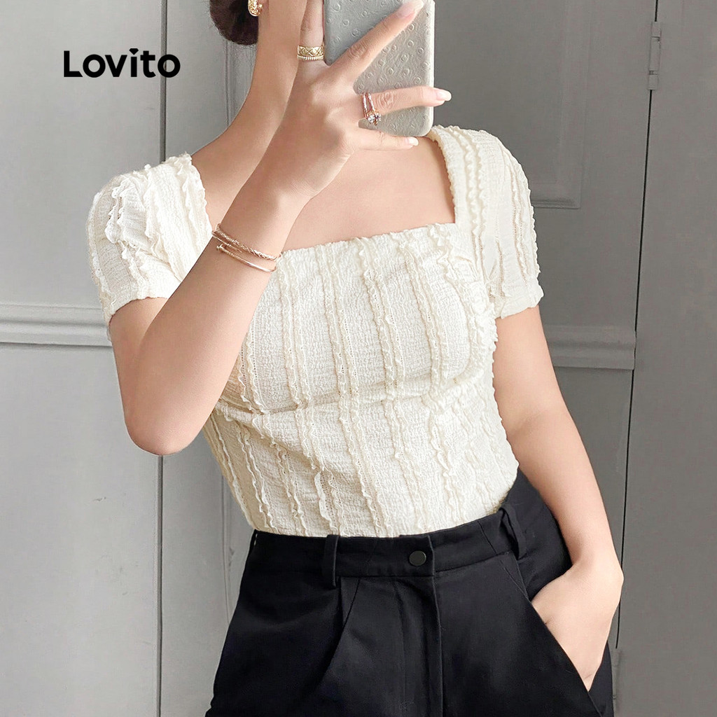 Detalhes do Lovito Camisa Elegante Jacquard Boa Textura Primavera/verão Camiseta de Damasco para Mulheres L138ED174