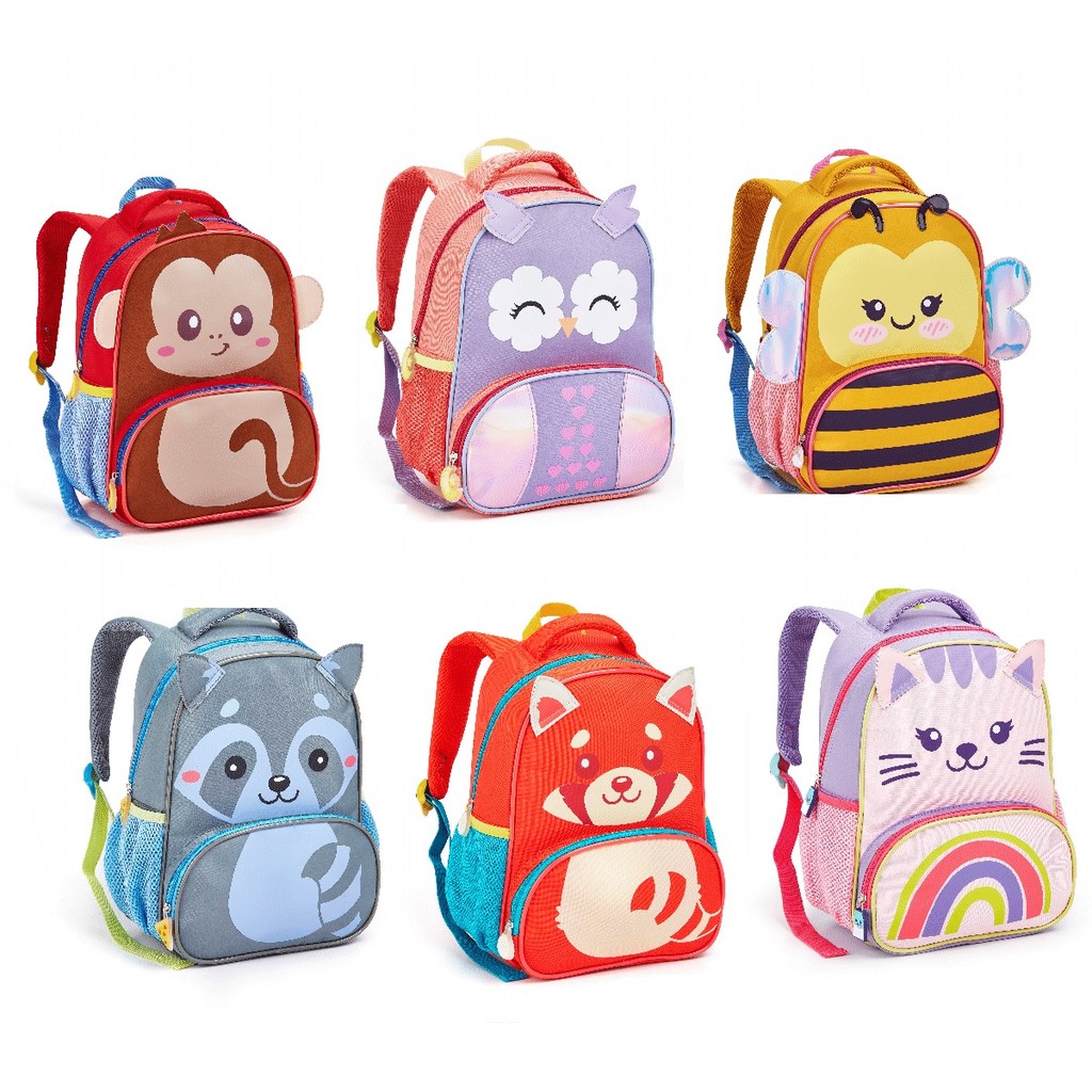 Mochila Infantil Escolar Guaxinim Gata Raposa 3D Animais Zoop Masculino Feminino Mochila Escolar