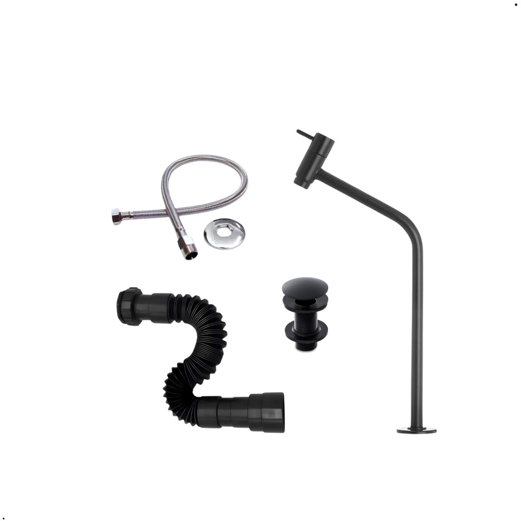 Kit para Banheiro Torneira Bica Alta com Válvula Click, Engate, Sifão Metal Preto
