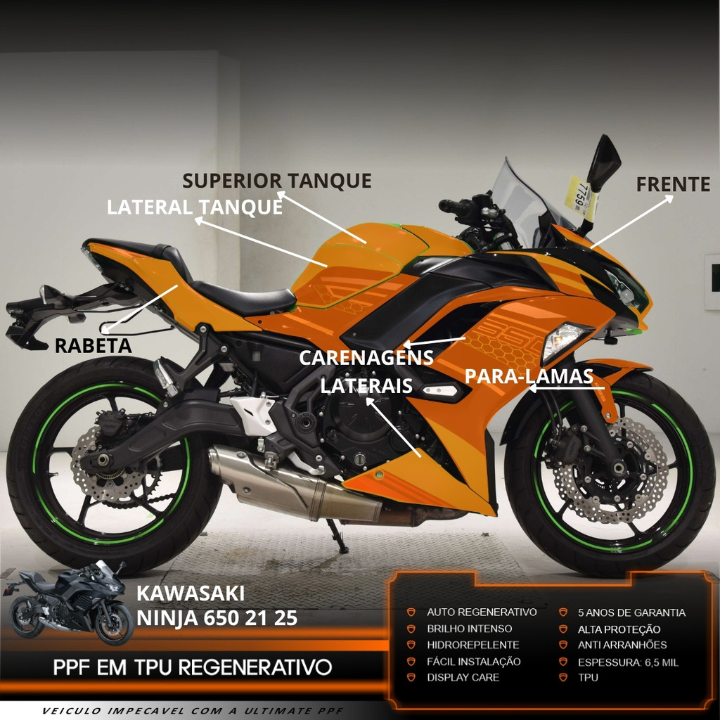 Película PPF Proteção Kit Full Moto Kawasaki Ninja 650 R 2021 2022 2023 2024 2025 Transparente TPU Anti Risco