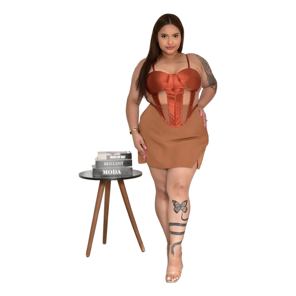 Corselet Plus Size Acetinado Alcinha Tule Plus Cropped