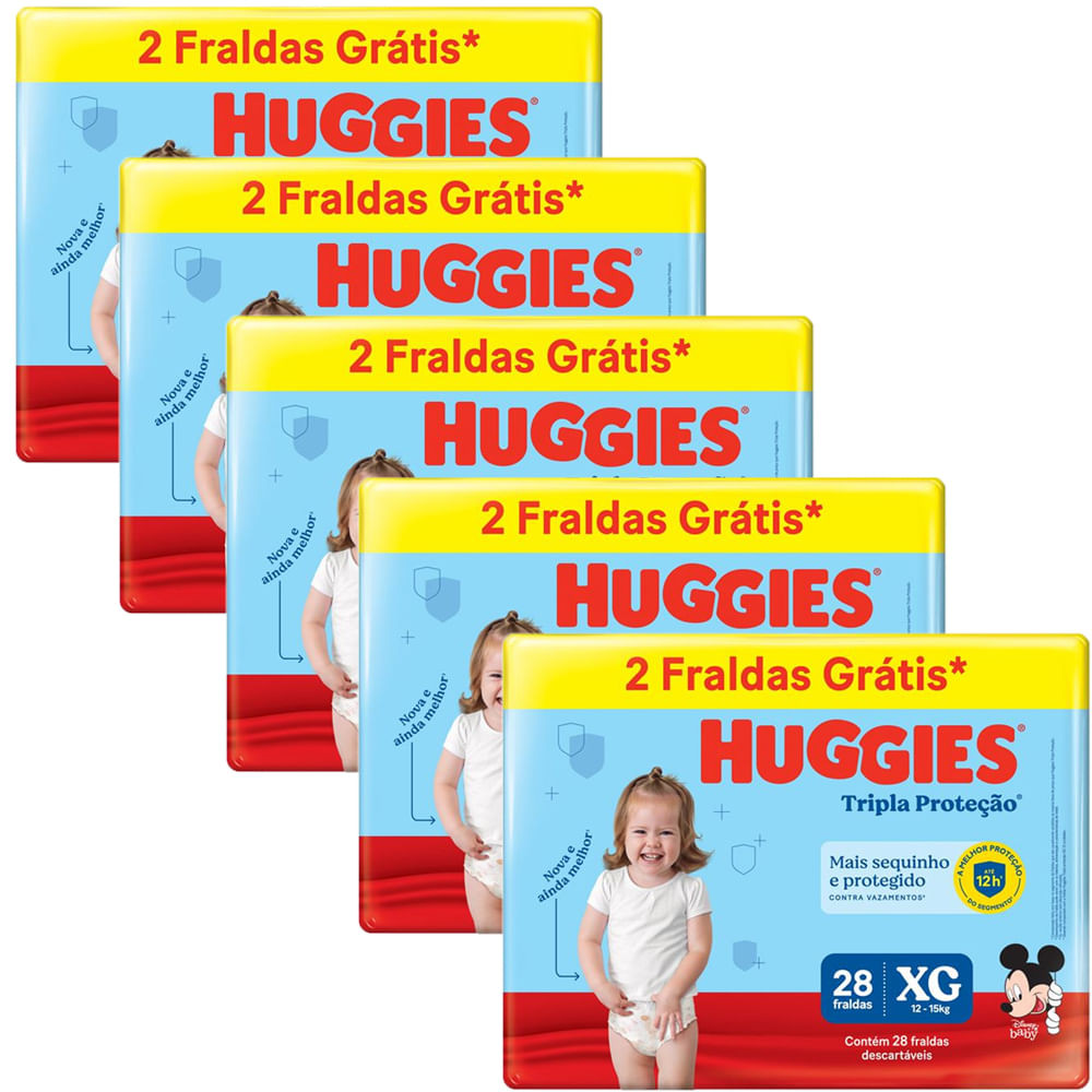 Kit 5 Fraldas Huggies Tripla Proteção Meguinha XG - 140 Tiras - Mom & Baby