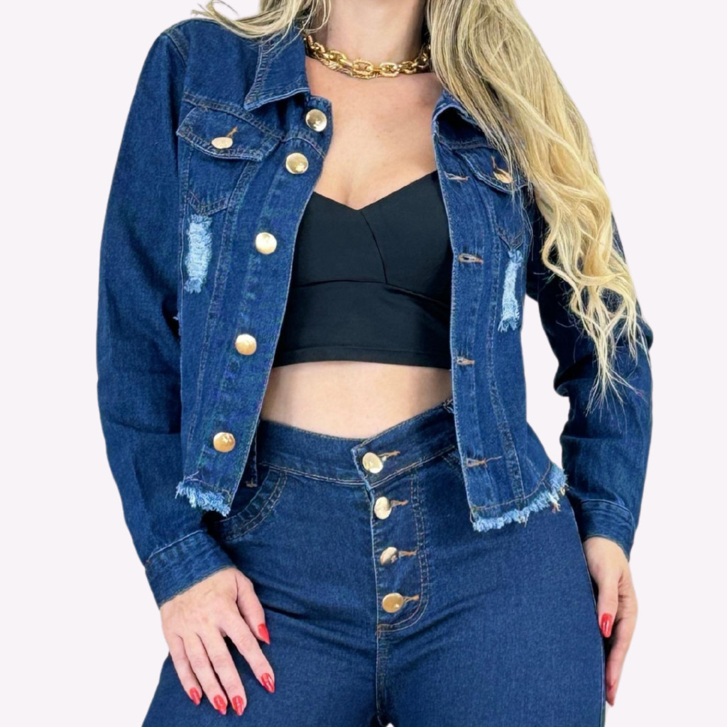 Jaqueta Jeans Feminina Bolsos Forrado Luxo Puído Fecho Botao Detalhes Puídos Menina Elegância