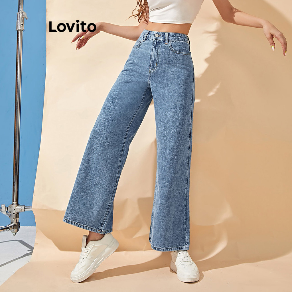 (Trendy) Lovito Calça Jeans Casual Com Bolso Liso Para Mulheres L118ED181 em Oferta na Shopee